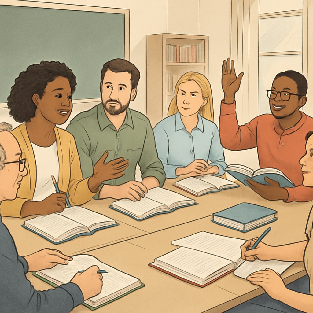 A diverse group of adult students engaging in a classroom discussion, symbolizing inclusivity and growth. Adult students in a classroom, discussing and collaborating.