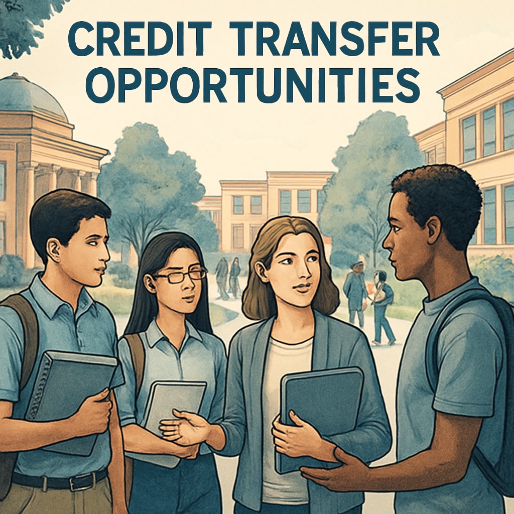 A university campus with students discussing credit transfer opportunities. University campus and students discussing credit transfer strategies for interrupted studies.