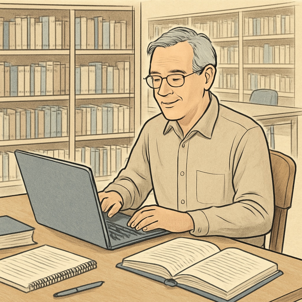 An older student using a laptop in a library setting, showcasing modern adult learning environments. Mature student studying on a laptop in a library.