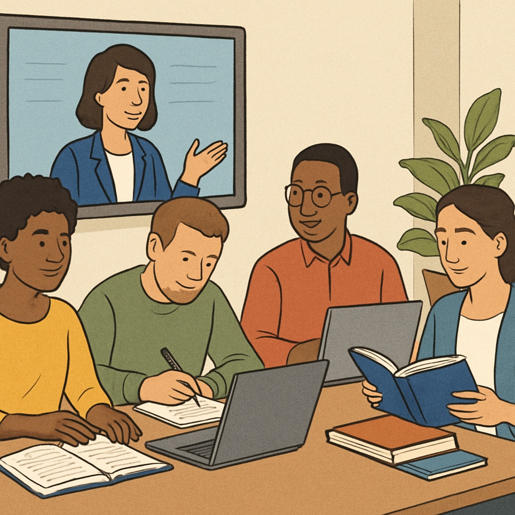 An online learning environment showing diverse adult students engaged in coursework. Adult students participating in online learning courses.