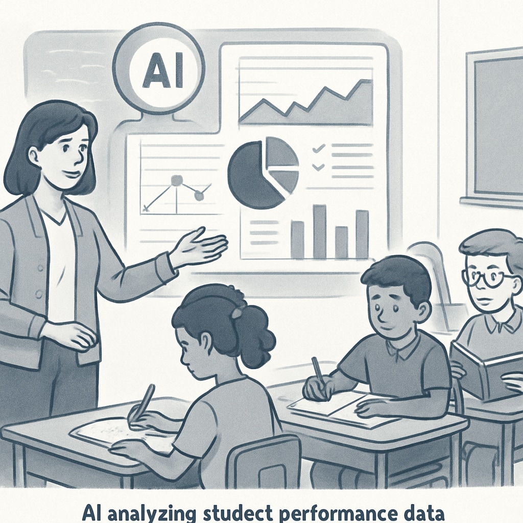 A visual representation of AI analyzing student performance data in a classroom setting, showcasing how technology supports personalized learning. AI analyzing student performance data in a classroom to enhance personalized learning.