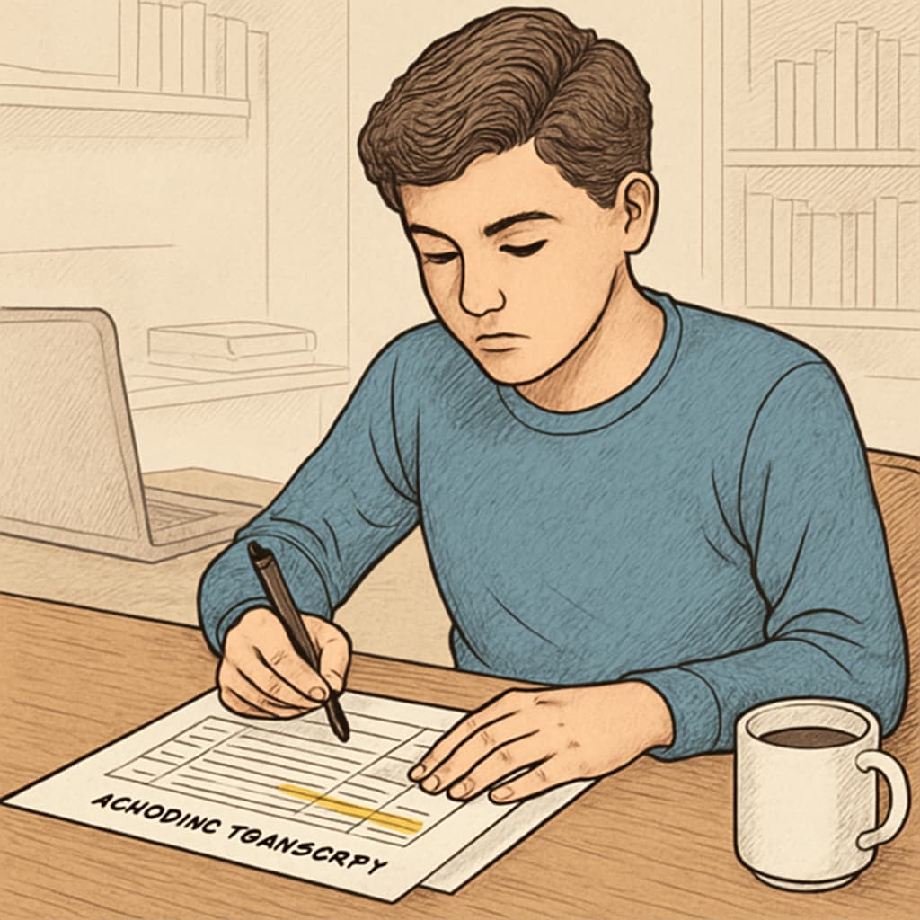 A college student reviewing their transcript, assessing transferable credits to continue their education. Credit transfer solutions for college students reviewing transcripts.