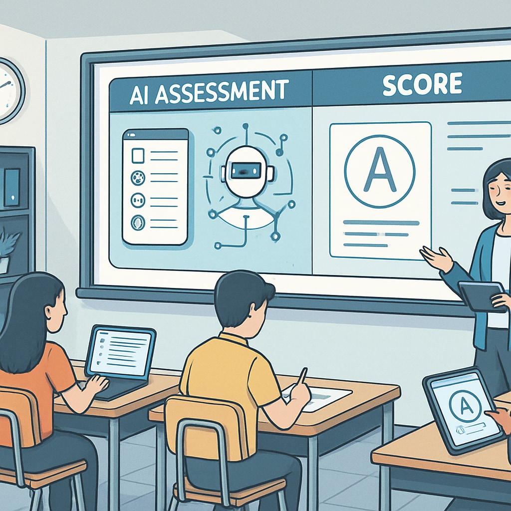 A futuristic classroom with AI-driven assessment tools displayed on interactive screens, highlighting the transformation of traditional evaluation methods. AI-driven assessment tools in a futuristic classroom setting.