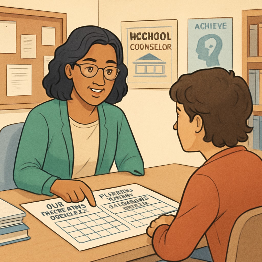 A high school counselor assisting a student in planning early college credits through dual enrollment programs or advanced placement courses. High school counselor helping students earn early college credits.