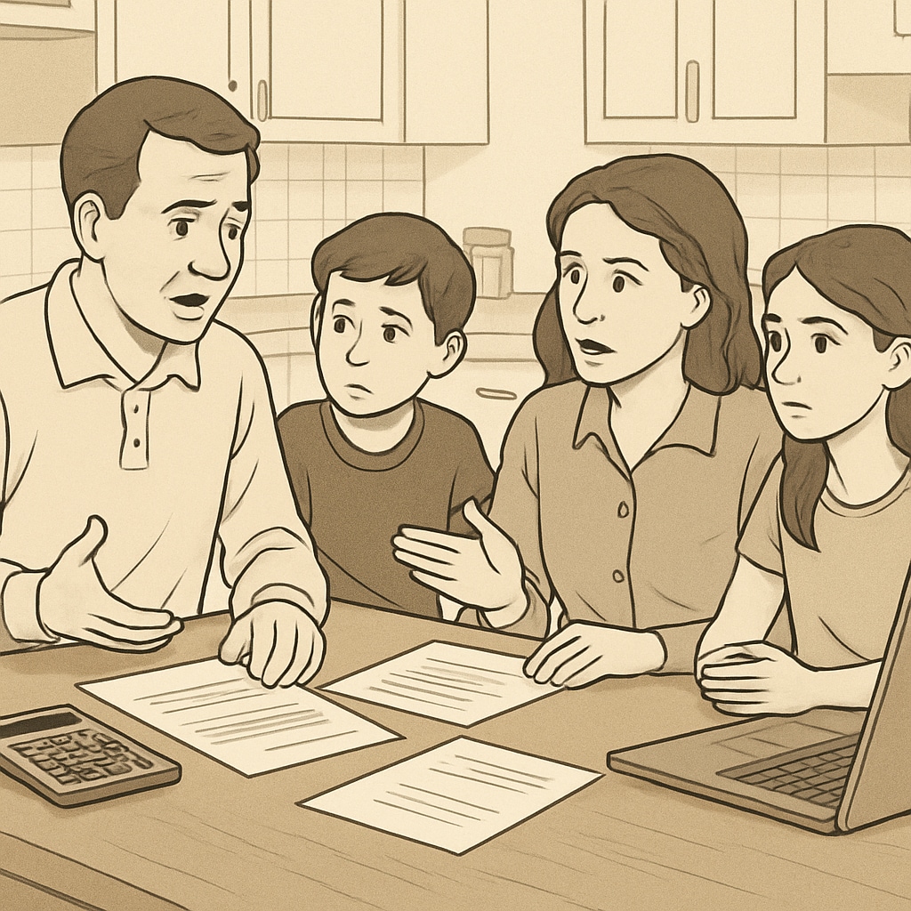 A family with children sitting at the kitchen table, budgeting and discussing financial concerns related to increased student loan payments. A family discussing financial concerns due to increased student loan payments under SAVE Plan.