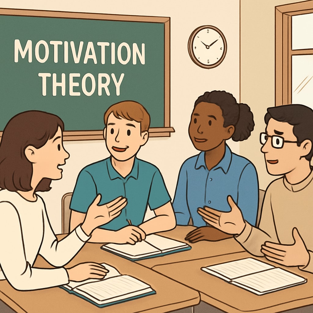 Students discussing motivation theory in a classroom environment