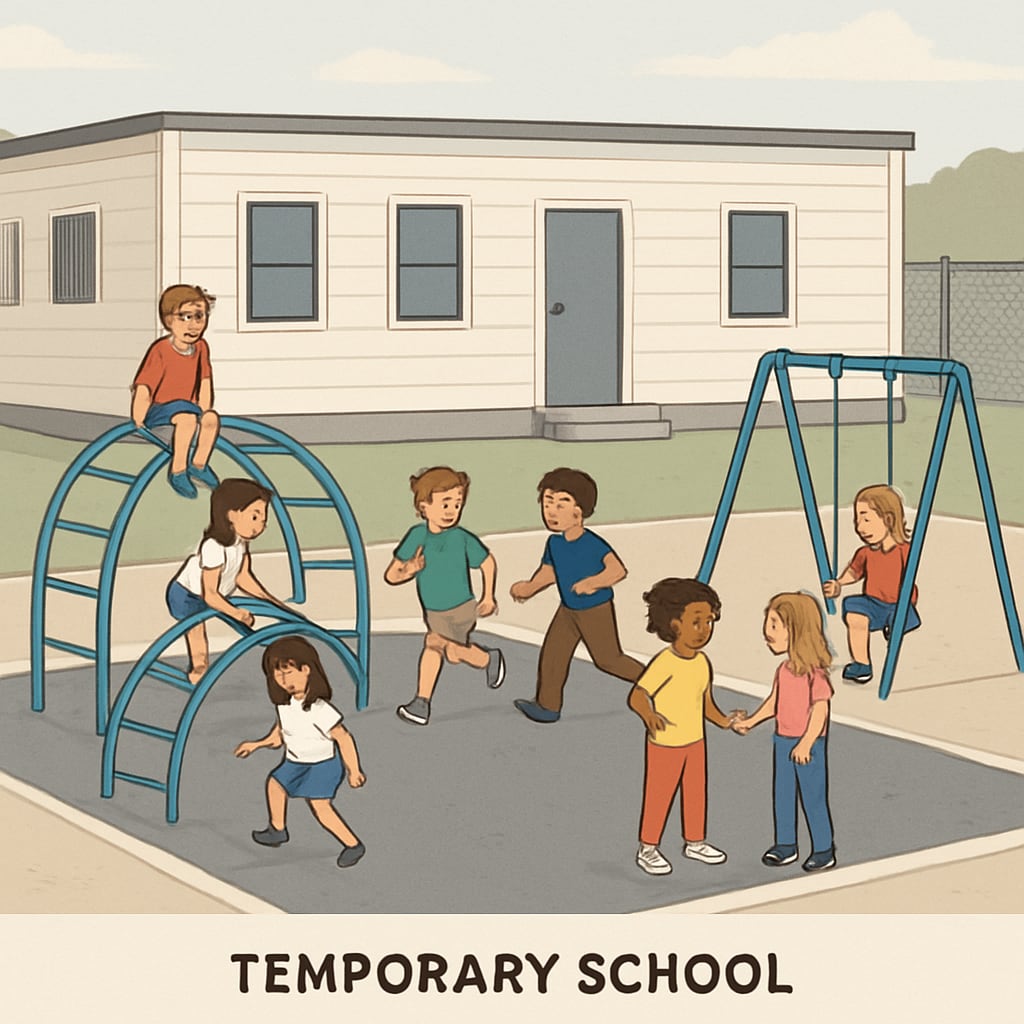 Children playing on a small playground in a temporary school environment.