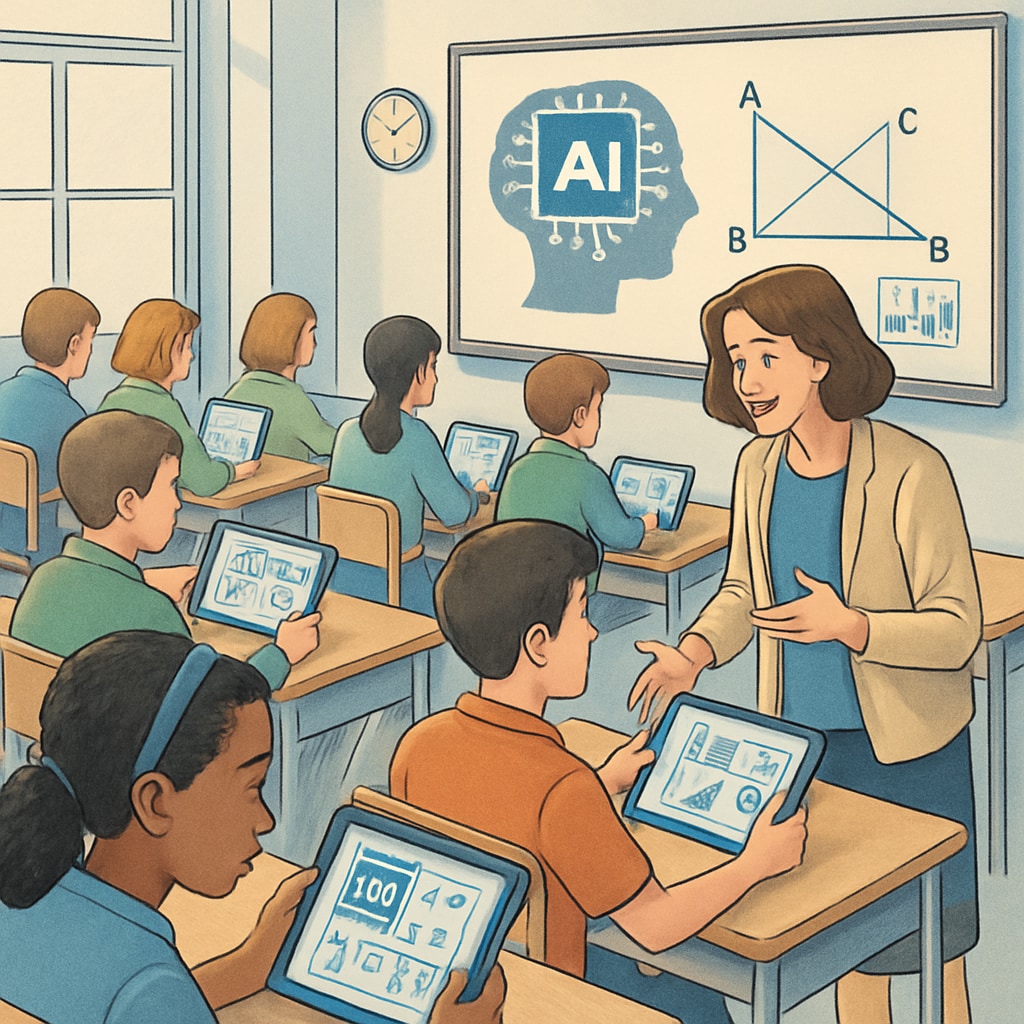 A busy classroom with students using tablets powered by AI-driven learning software. The image highlights the integration of AI technology into education. AI-powered learning software in a U.S. classroom