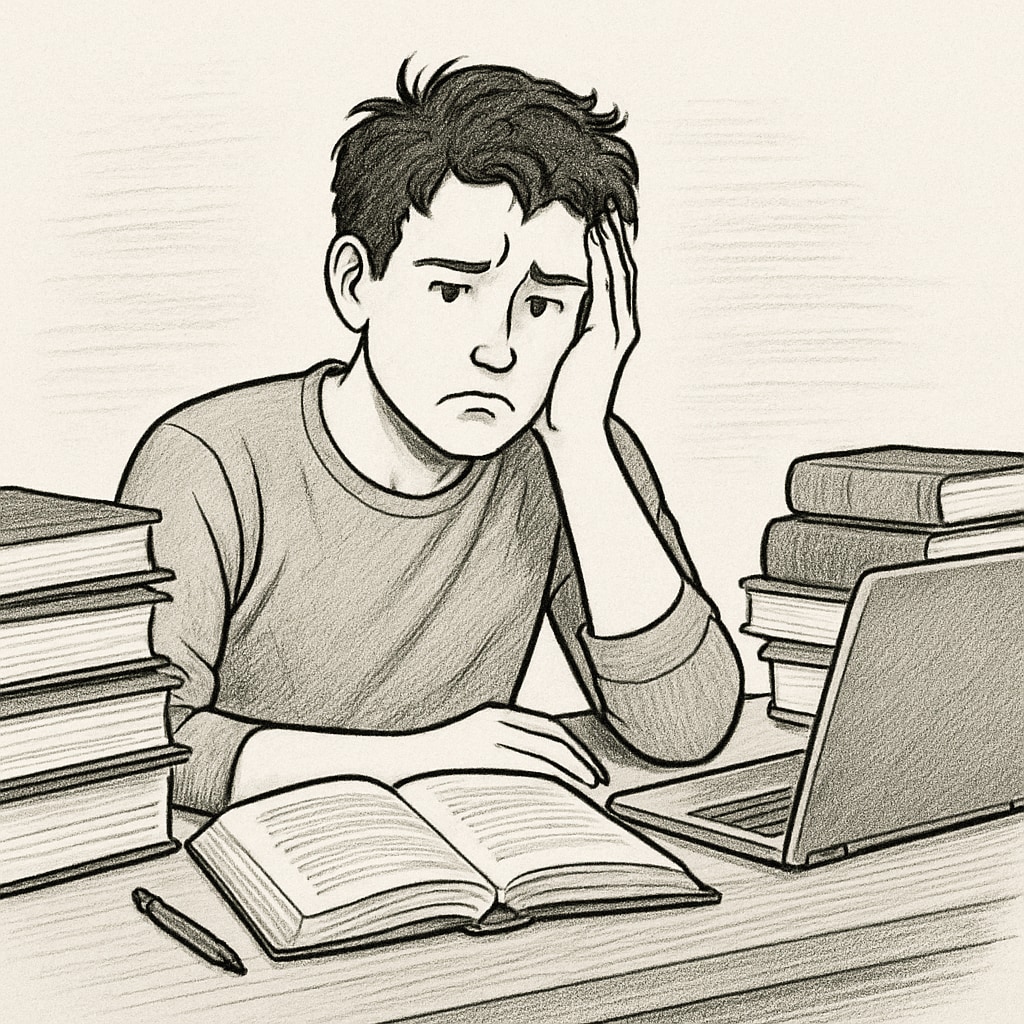 A college student sitting at a desk, looking frustrated, surrounded by books and a laptop. A college student struggling with academic motivation and major confusion.