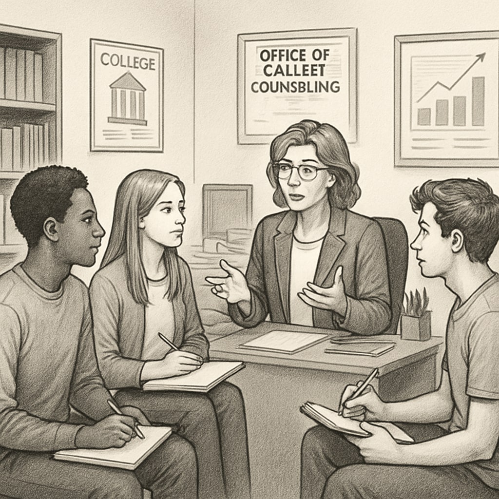 A group of college students discussing career goals with a counselor in an academic office. College students seeking advice about career planning and major selection.