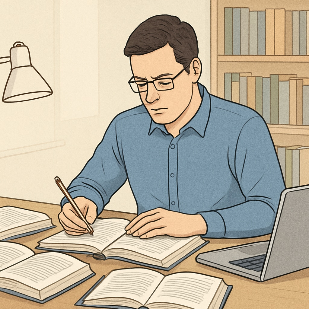 An adult learner studying with books and a laptop, representing efforts to fill education gaps. Adult learner working to overcome education gaps with books and a laptop.
