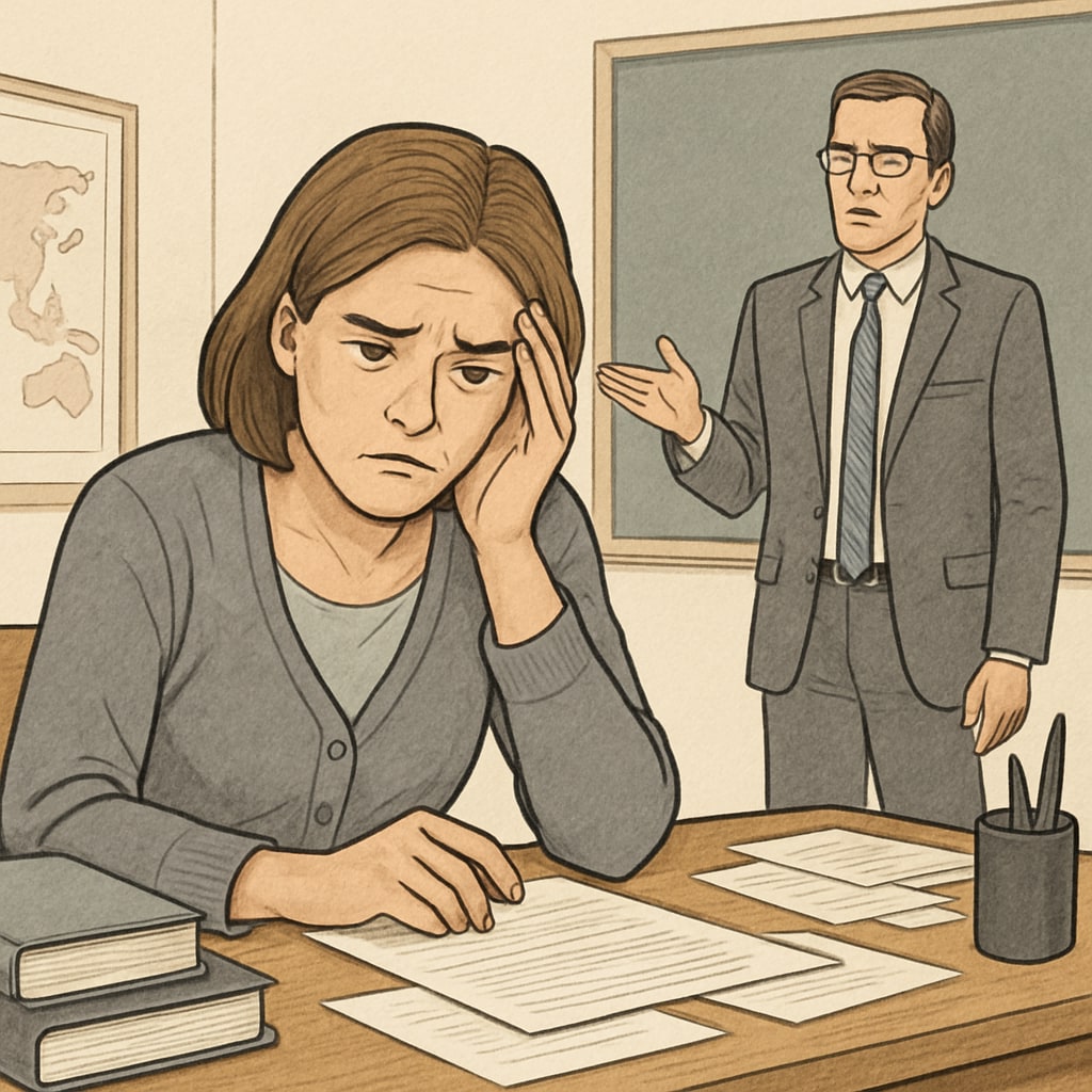 A frustrated teacher sitting at their desk while an administrator argues in the background. Teacher and academic supervisor conflict impacting education.