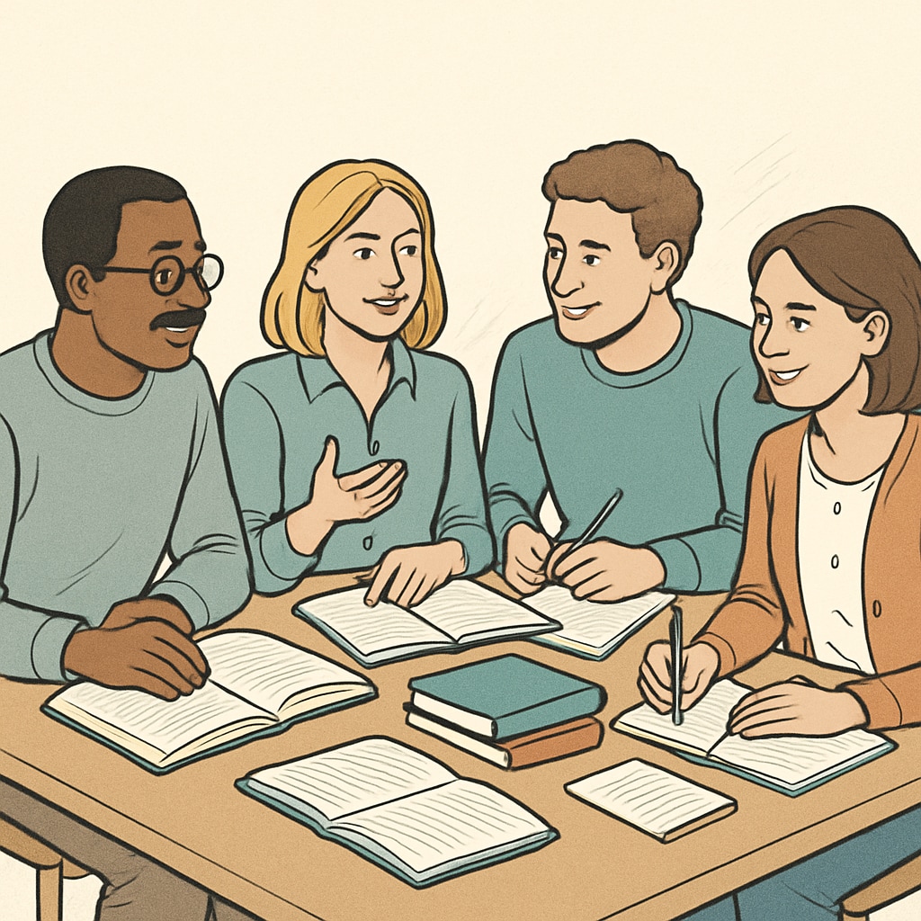 A supportive study group of adult learners collaborating around a table. Adult learners in a study group helping each other fill education gaps.