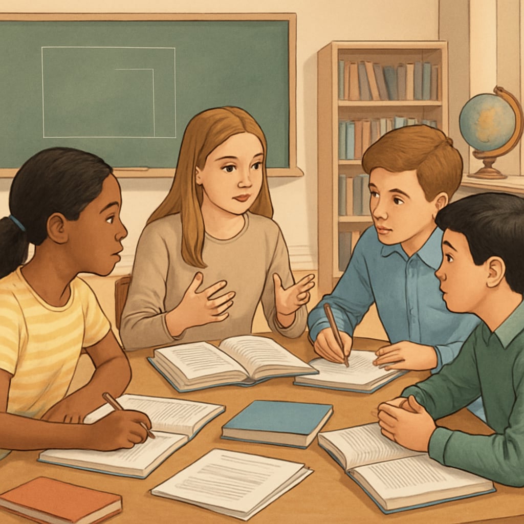 A group of gifted middle school students participating in an academic workshop, symbolizing collaborative learning and intellectual engagement. Gifted middle school students engaging in academic enrichment activities