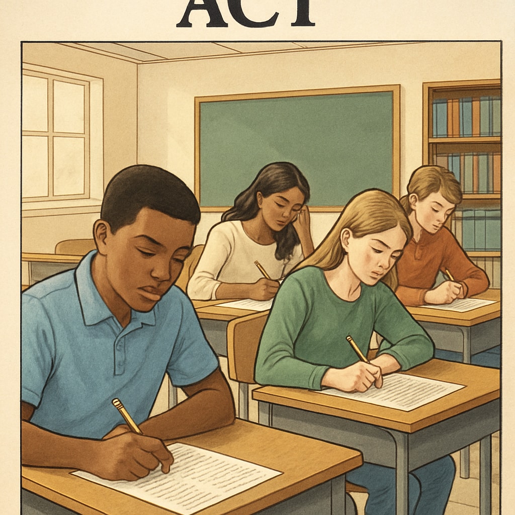 Students taking advanced academic assessments like the ACT in a classroom setting, representing early testing options for gifted learners. Students taking ACT or SAT exams for early academic identification