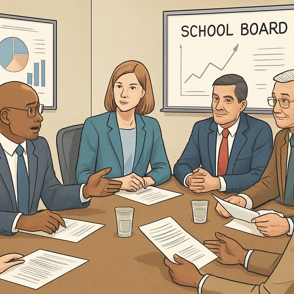 School board members discussing policies during a meeting.