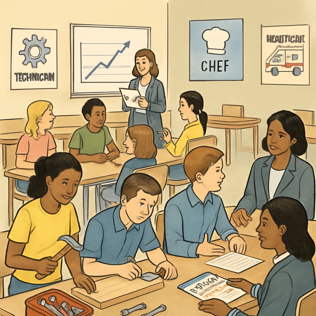 A classroom setting where students explore different career paths through interactive sessions, such as hands-on workshops or discussions with career counselors. Students in a classroom engaging in career exploration activities