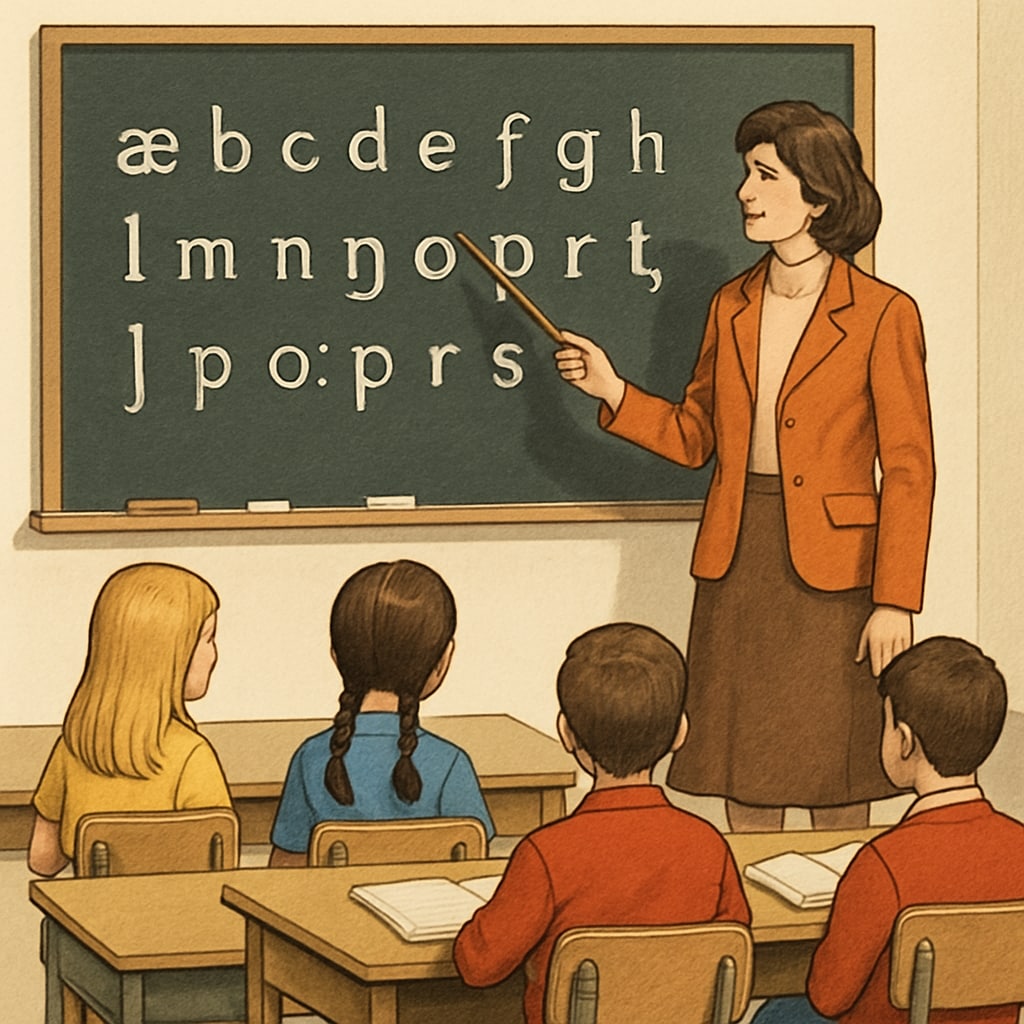A classroom in the 1970s where the Initial Teaching Alphabet is being taught, with a teacher pointing to ITA symbols on a blackboard. Teaching the Initial Teaching Alphabet in a 1970s classroom