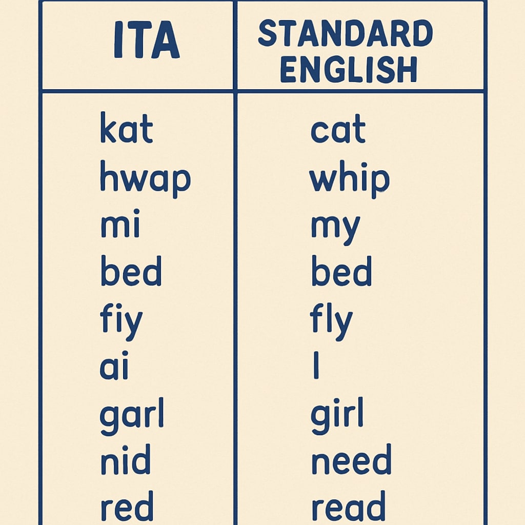 A comparison chart showing the differences between ITA and standard English spelling for common words, highlighting the challenges of transitioning between the two systems. Differences between ITA and standard English spelling