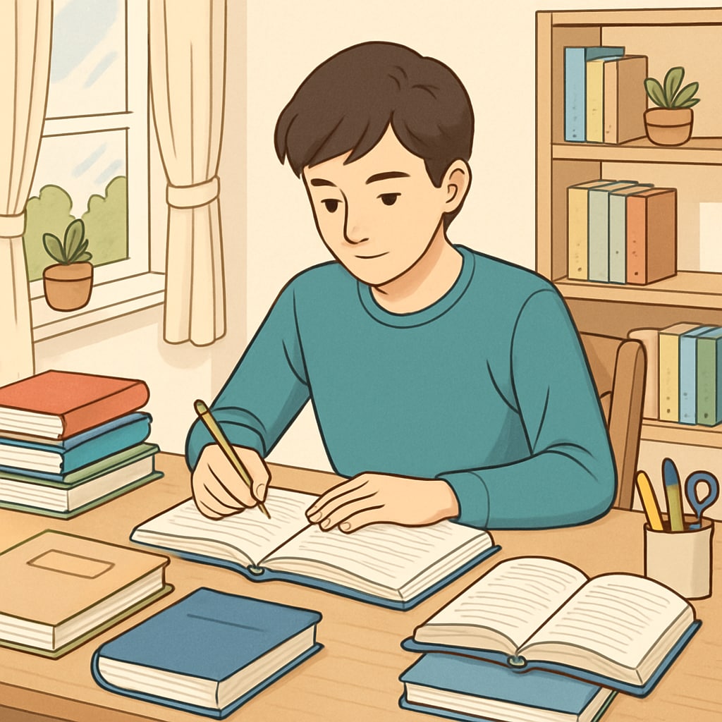 A young adult studying at home with educational materials spread across a desk, symbolizing self-learning. Young adult engaging in self-learning with books and a laptop, showcasing flexibility.