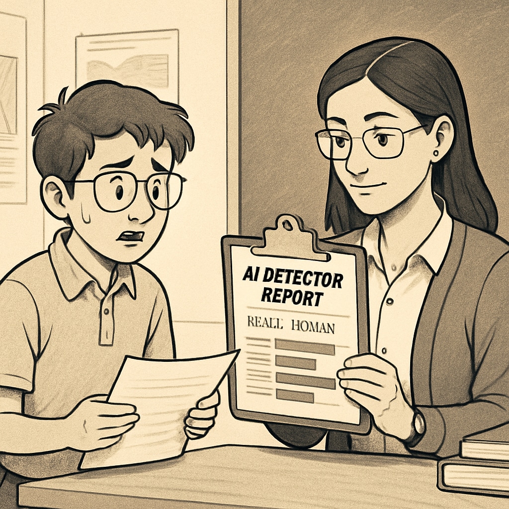 A student nervously explaining their work to a teacher who is reviewing an AI detector report. A teacher reviewing an AI detector report with a concerned student.