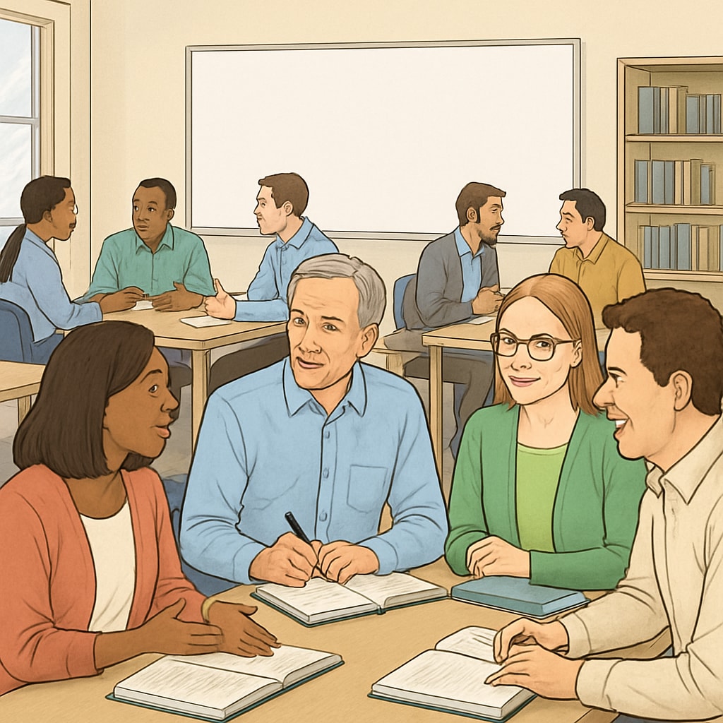 A classroom setting with adult learners engaging in group discussions, representing formal education opportunities. Classroom scene featuring adult learners discussing topics, highlighting formal education benefits.