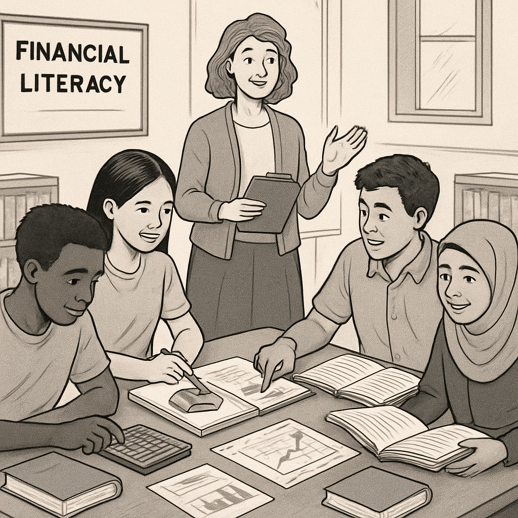 A diverse group of students participating in a financial literacy workshop. Students learning about financial literacy to overcome educational barriers.