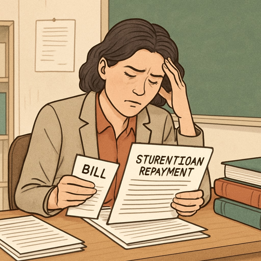 An image of a teacher looking stressed while reviewing bills, symbolizing financial strain caused by student loan repayment increases. Teacher stressed over student loan repayment increases