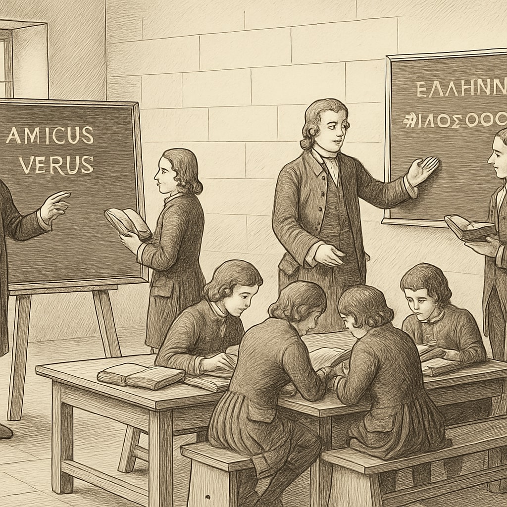A historical illustration of classical education methods, such as teaching Latin and Greek in 18th-century classrooms. Illustration of classical education methods in 18th-century classrooms, including Latin and Greek studies.