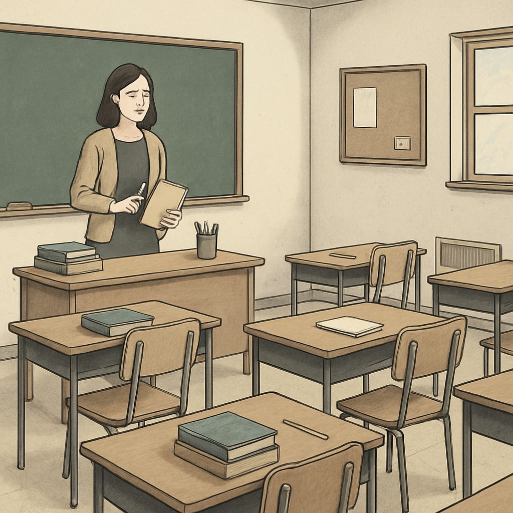 An image of a classroom with limited supplies, illustrating the impact of reduced teacher spending due to financial constraints. Classroom with limited educational supplies due to financial strain