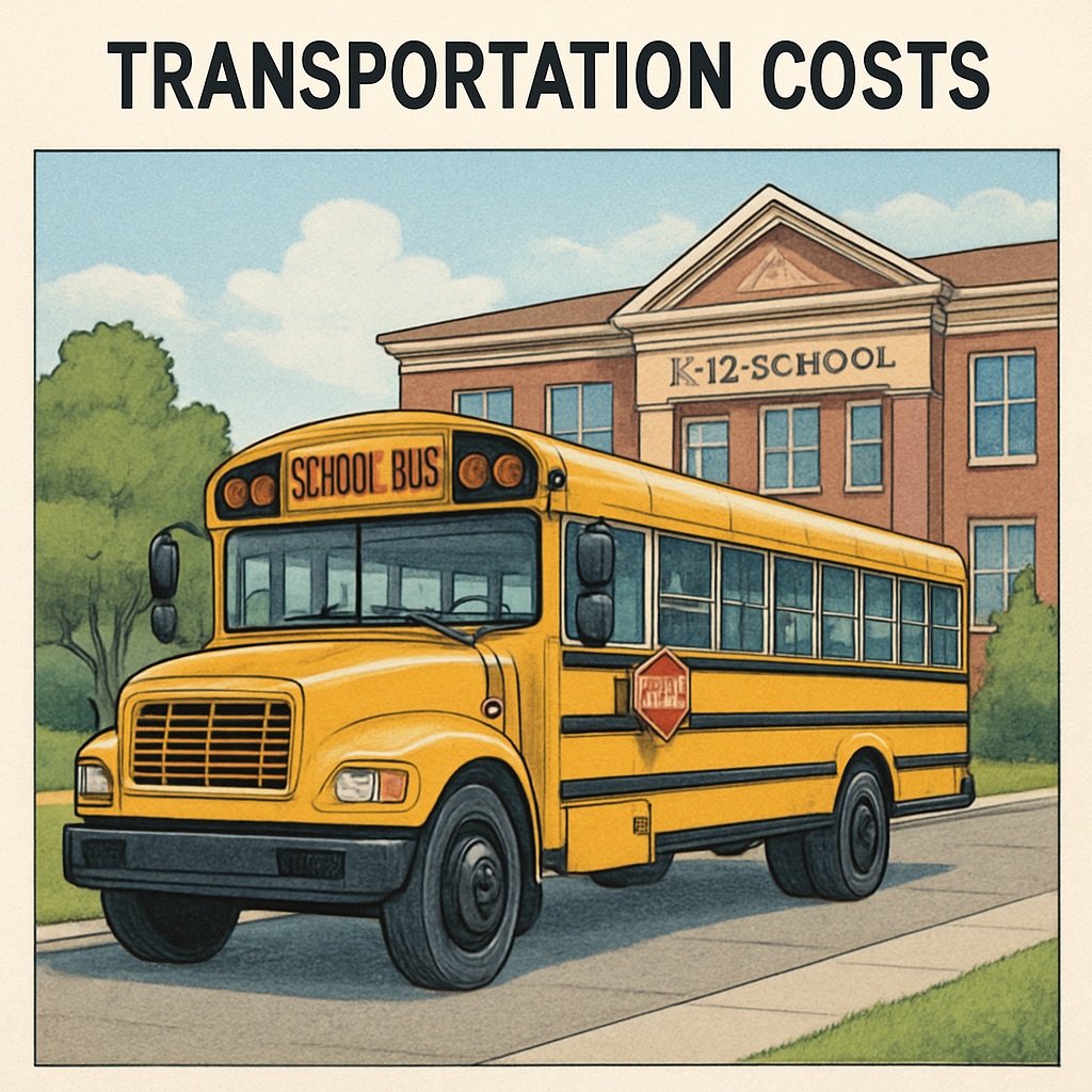 A school bus parked outside a K-12 school, symbolizing transportation costs in education budgeting. School bus tied to pass-through funds and per-student spending metrics.