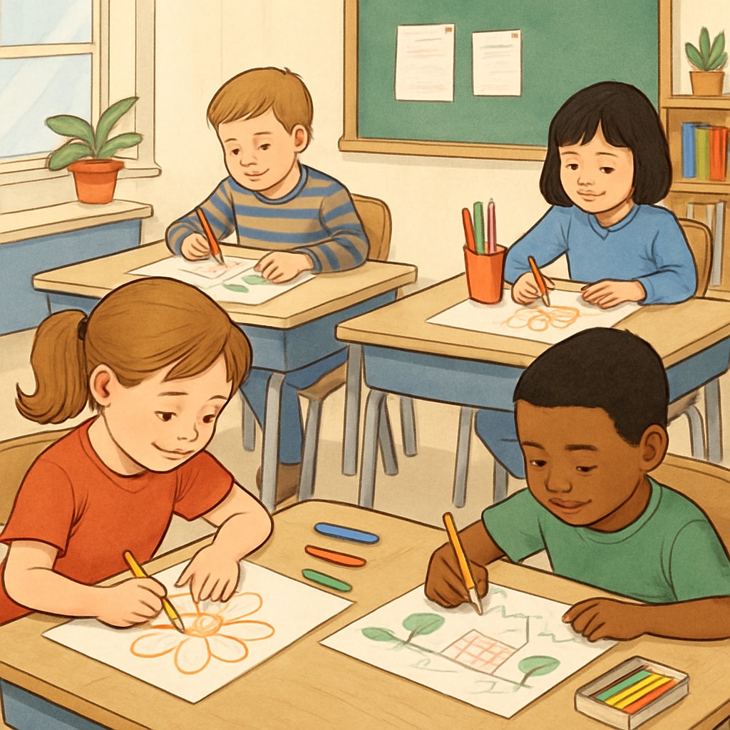 A classroom of children working on hand-drawn art projects, emphasizing creativity and focus. Students engaged in hand-drawn art projects, showing authenticity in art education.