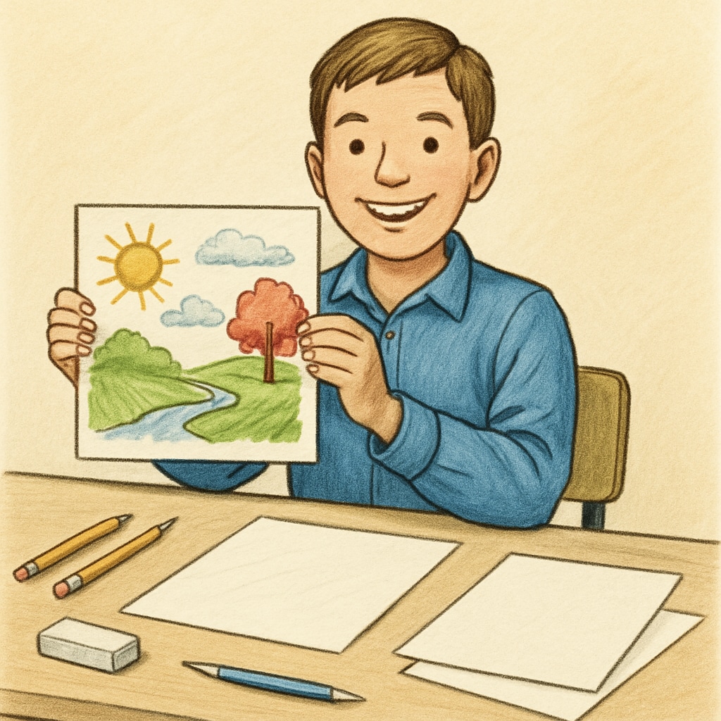A student proudly displaying their hand-drawn artwork, showcasing individual creativity. A student holding hand-drawn artwork, reflecting the balance between AI and authenticity in education.