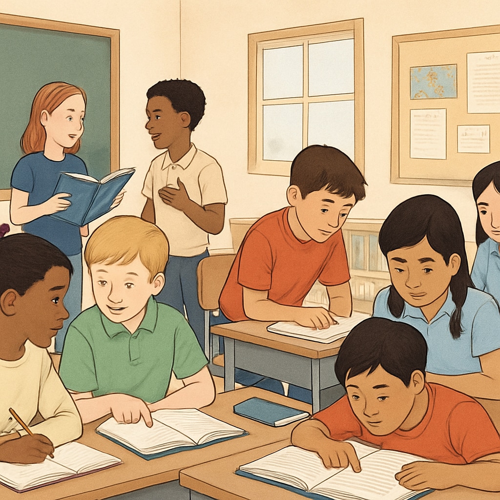 A classroom filled with students from diverse socioeconomic backgrounds engaged in collaborative learning activities. Students from diverse socioeconomic backgrounds collaborating in class.