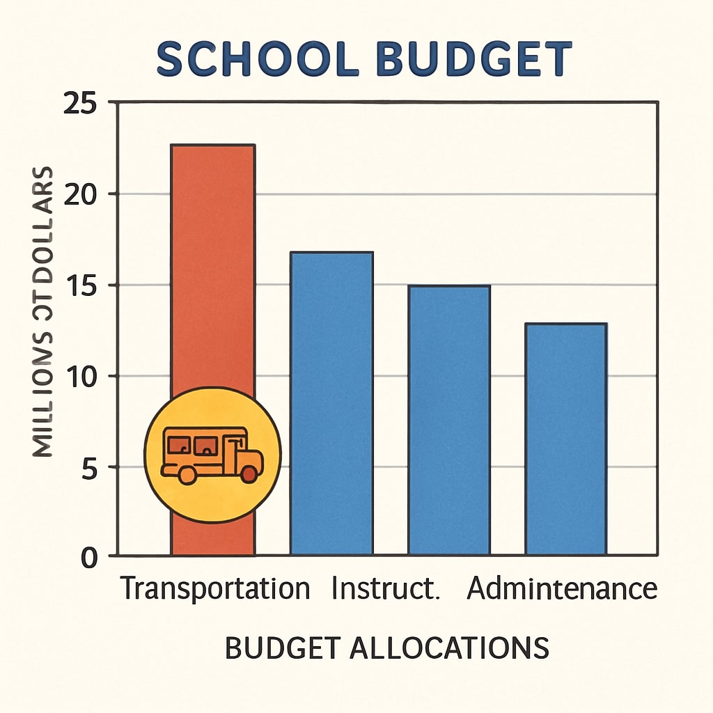A financial graph illustrating school budget allocations, highlighting transportation costs as a separate category. Financial graph showing the impact of transportation costs on school budgets.