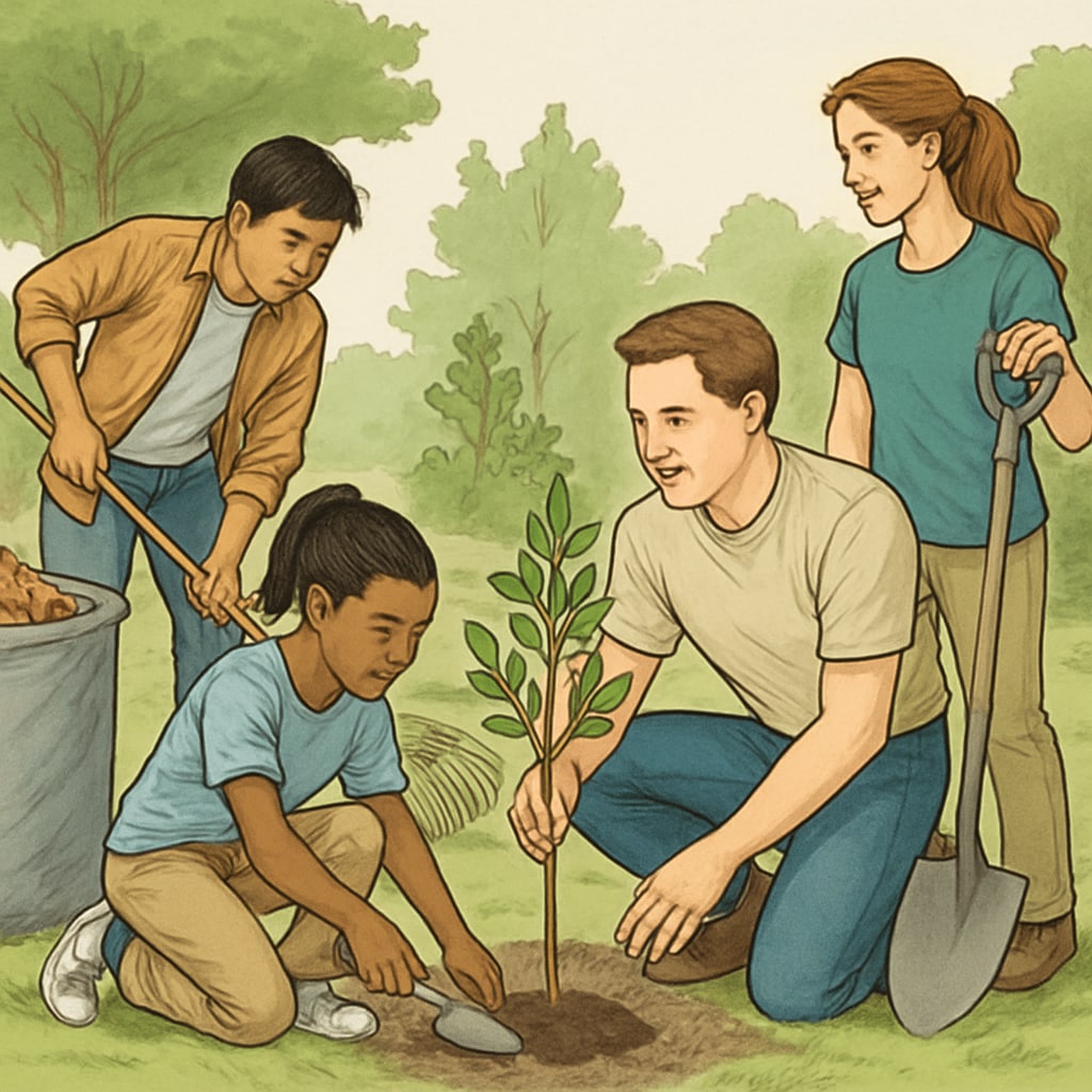 Privileged students participating in a community service project alongside peers from different socioeconomic backgrounds. Students from mixed socioeconomic backgrounds engaging in community service.