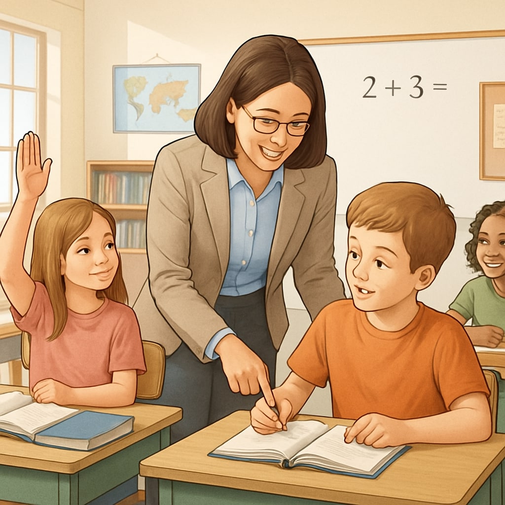 A private school classroom with a teacher engaging closely with students, illustrating the benefits of personalized attention. A private school classroom with individualized teacher-student interaction