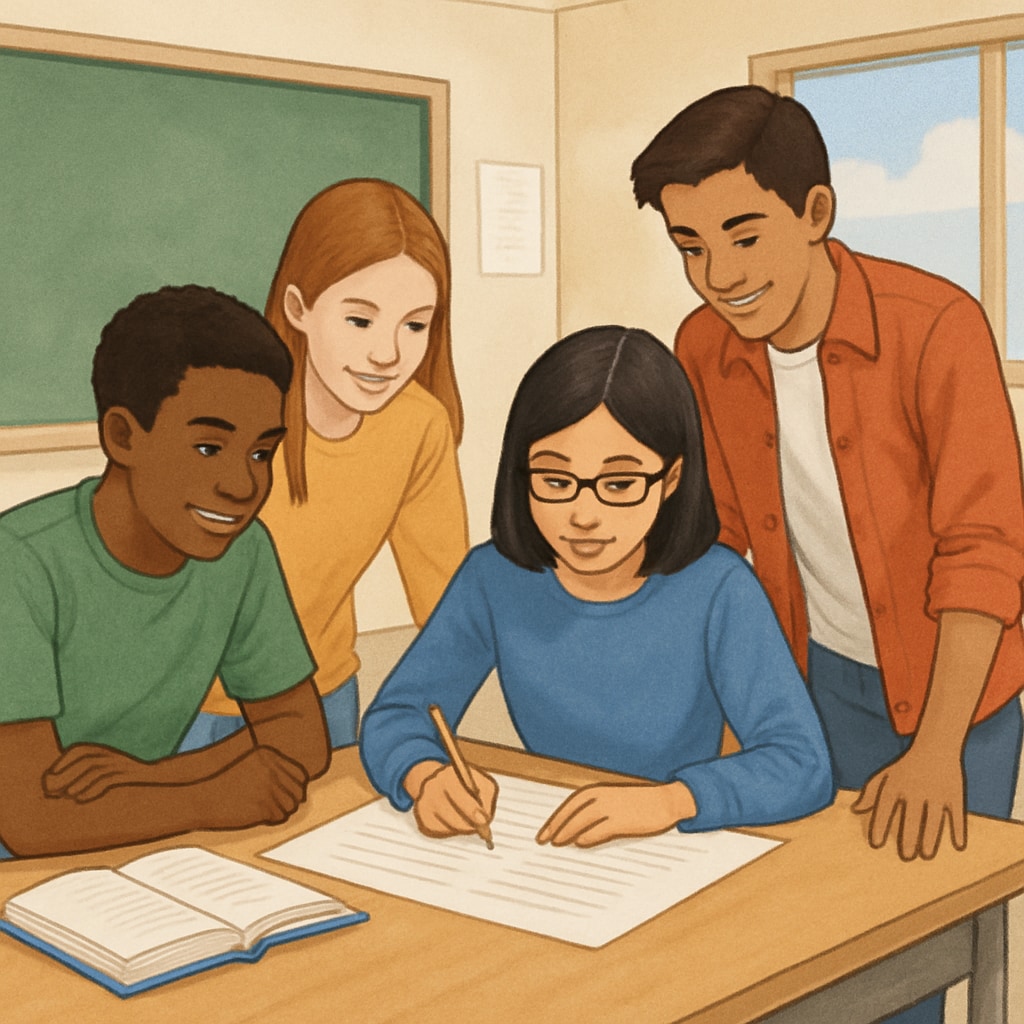 A diverse group of students working together on a project in a classroom, symbolizing inclusivity and teamwork. A group of diverse students collaborating in an inclusive classroom environment.
