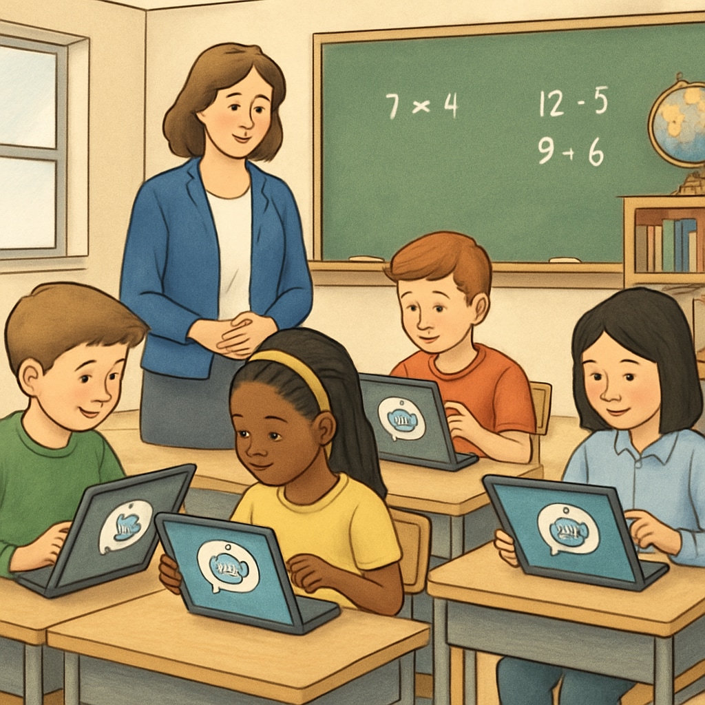 A classroom featuring students interacting with AI-powered tablets, supervised by a teacher, highlighting the integration of technology in education. Classroom scene with students using AI-powered tablets and teachers overseeing their learning process.
