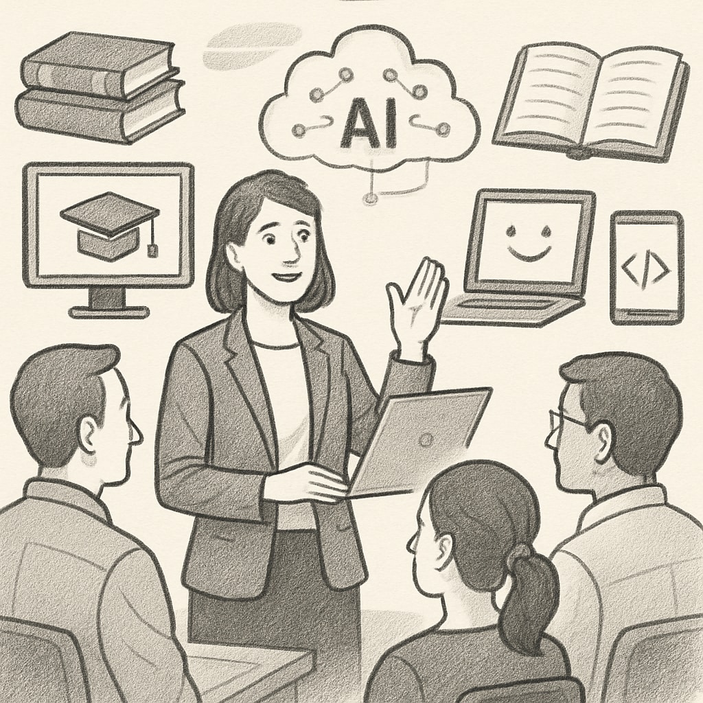 A teacher leading a training session on using AI educational tools, emphasizing professional development in technology integration. Teacher training session on AI tools for classroom use.