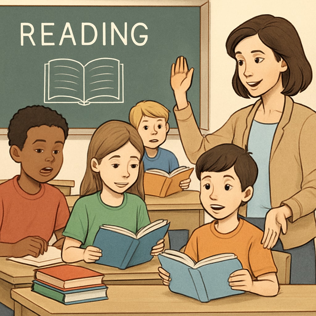 A classroom setting where children are engaged in reading activities, highlighting literacy education. Classroom reading activities related to