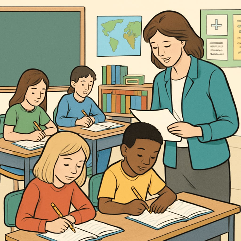Students working on assignments while a professor reviews their work to ensure academic integrity.