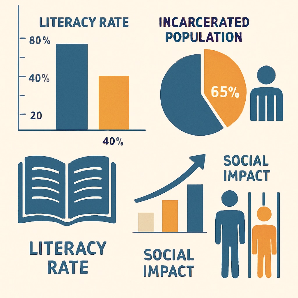 An infographic illustrating the connection between literacy rates and incarceration statistics, emphasizing societal impacts. Infographic showing literacy and incarceration statistics related to the