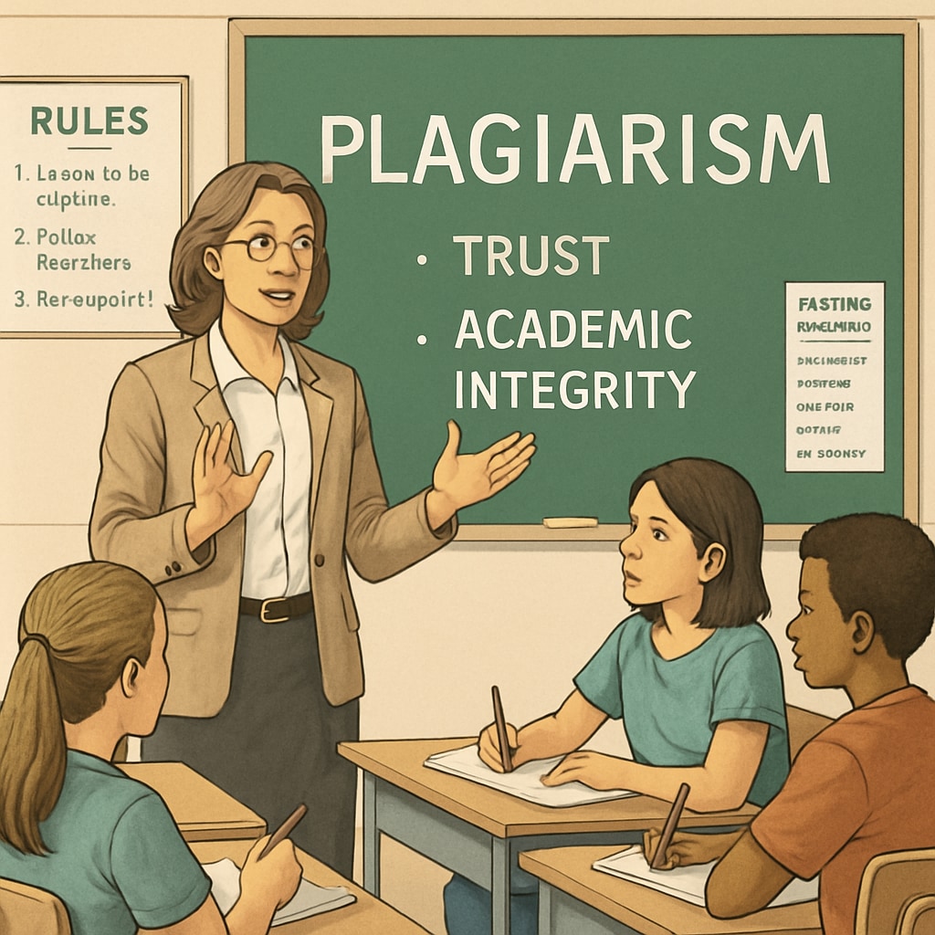 Professor discussing plagiarism prevention and academic integrity with students in a classroom setting.