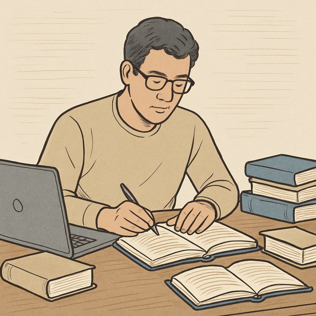 An adult learner sitting at a desk with books and a laptop, symbolizing self-directed education. Adult learner studying with books and a laptop, representing self-education.
