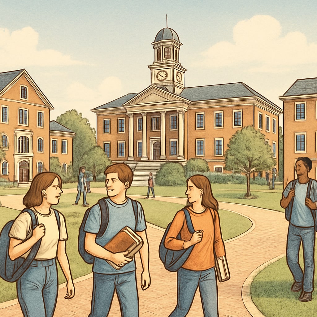 A university campus with students walking to class.