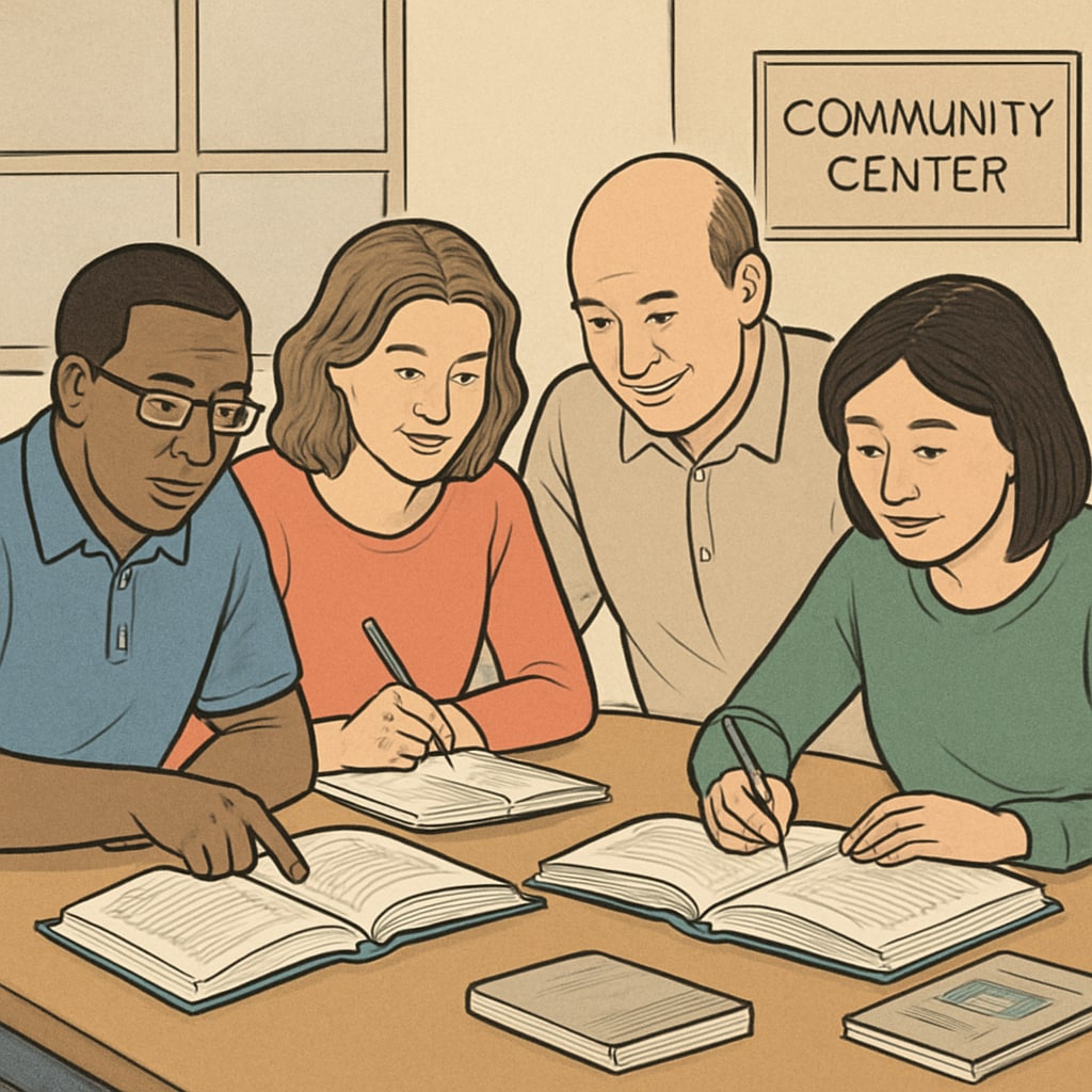 A group of adults studying together in a community center, emphasizing support and collaboration. Adult learners collaborating in a community educational setting.