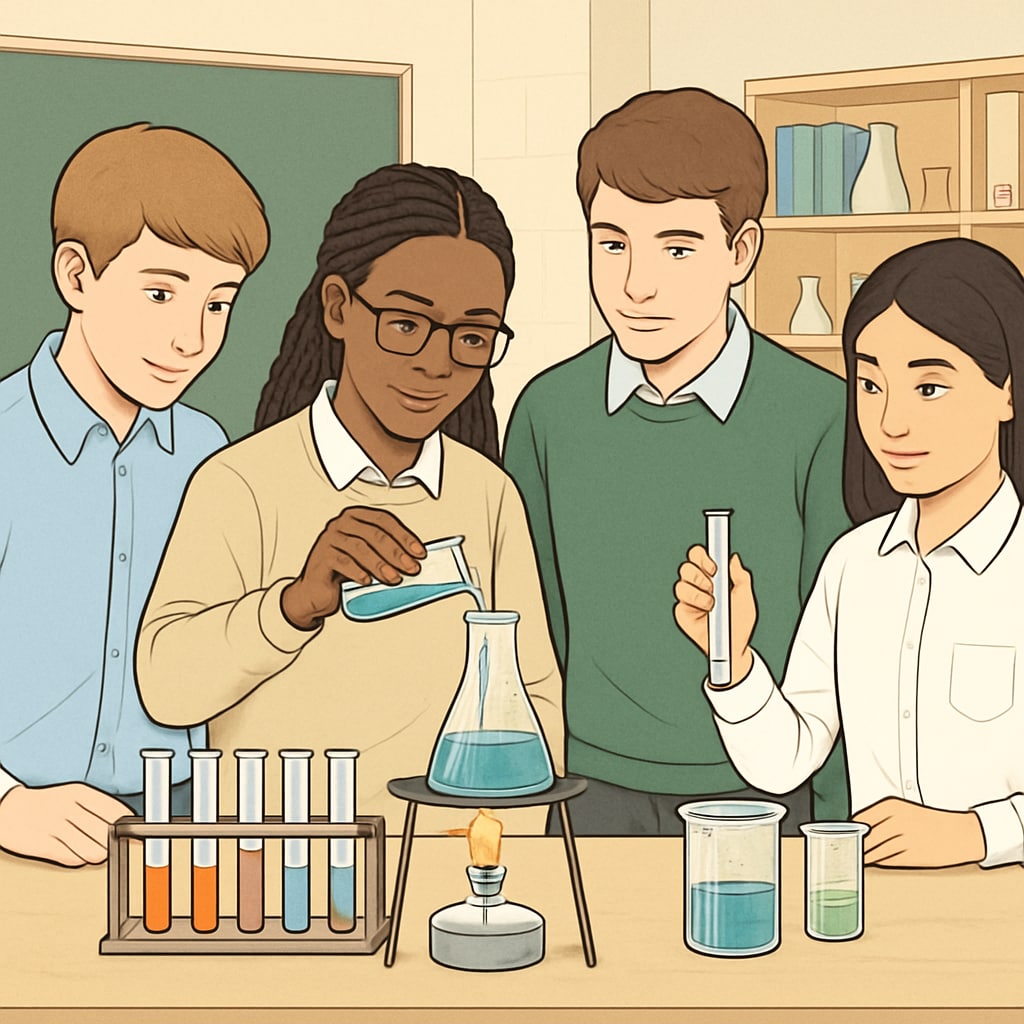 A diverse group of high school students collaborating on a science experiment in a classroom setting. High school students conducting a science experiment to support English learners with hands-on activities.