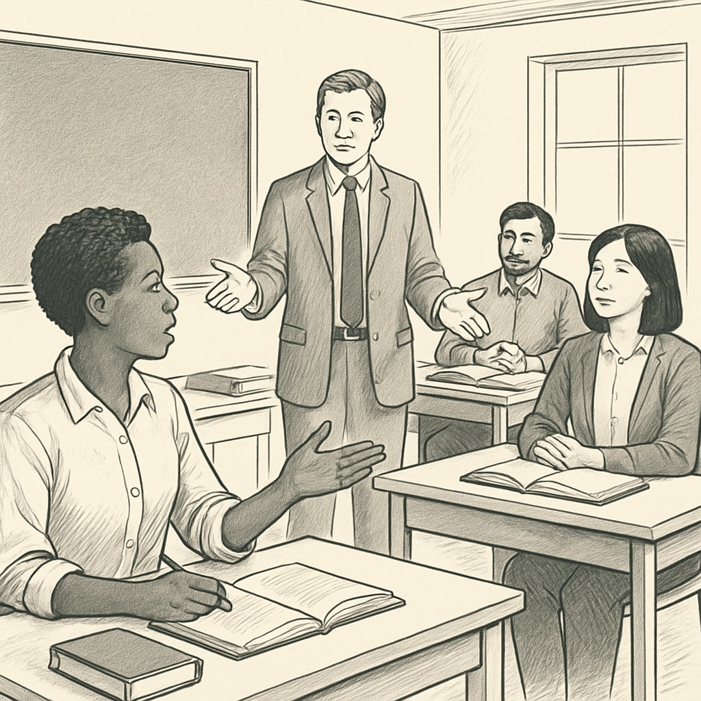 Adult learners in a classroom discussing school education.