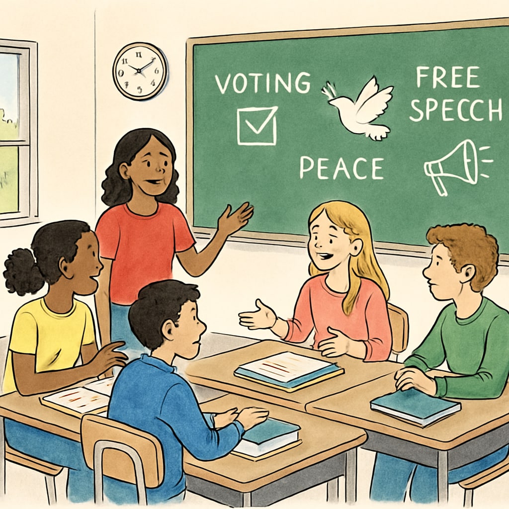 A classroom filled with students discussing social and political topics, reflecting engagement with diverse ideas. Students in a classroom discussing social and political topics.